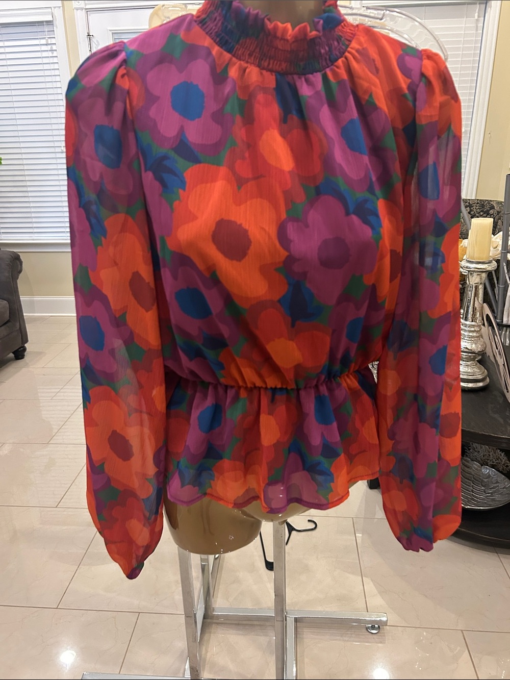 Peach Love California Multicolor Floral Peplum Blouse - Orange, Purple, Pink